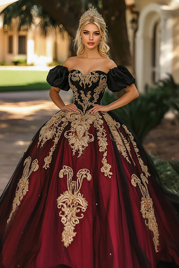 burgunder og svart off the shoulder ballkjole organza applikert quinceanera kjole med puffermer